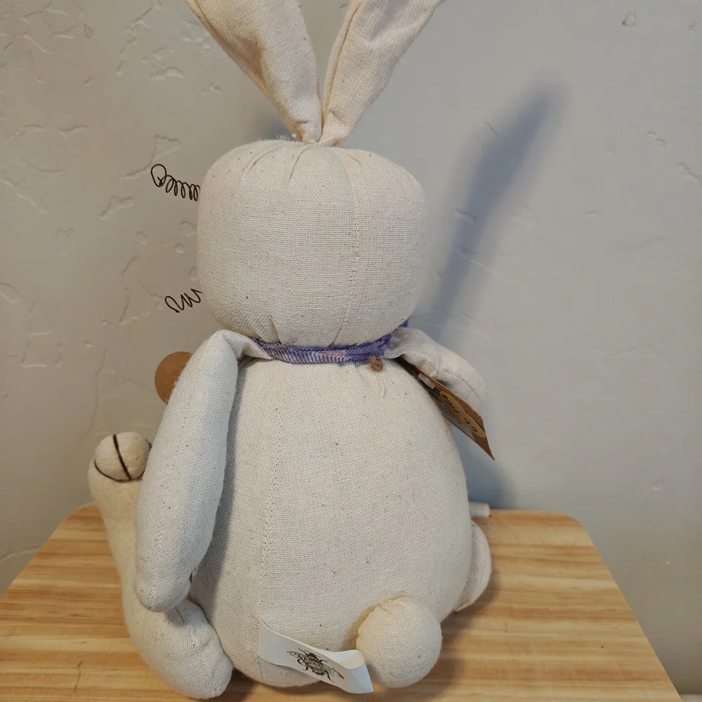 Honey And Me Handmade Cream Bunny Plush with Purple Plaid Bow "Rusty" - Picture 4 of 6